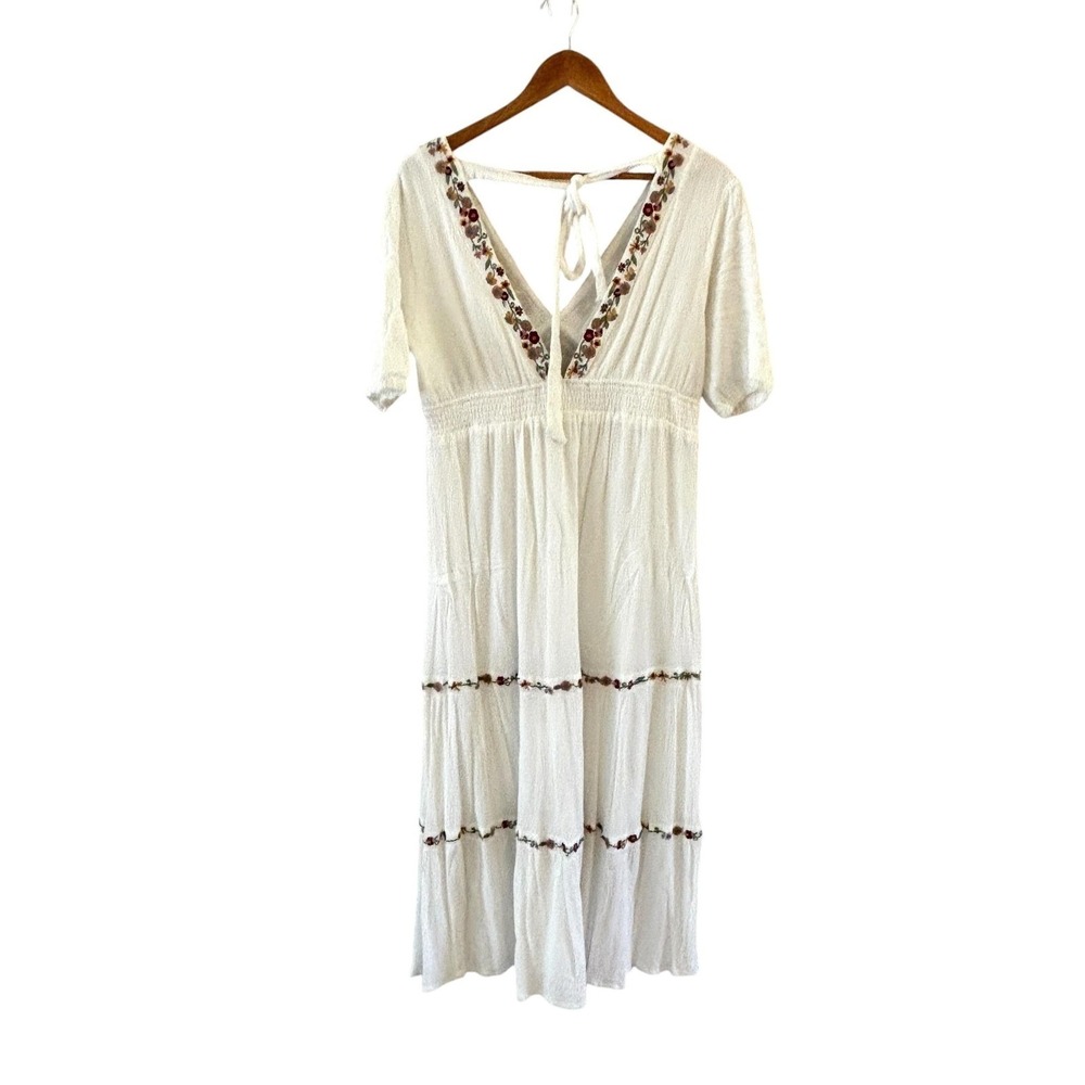 Baltic Born Santa Fe Dress Womens L White Embroidered Smocked Boho Peasant - Picture 3 of 11